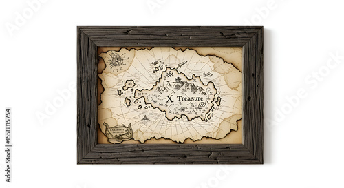 A rustic pirate map with cross sign on middle on framed as wall decor, shown on white background