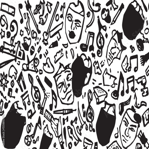 A whimsical collage of theater masks musical notes and art supplies scattered on a white background