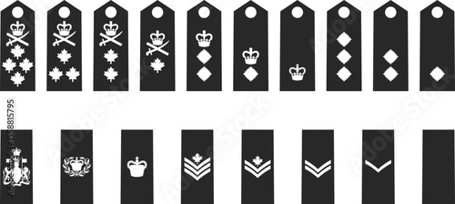 Set of icons of military army ranks from private to generals, military ranks of the army, black silhouettes.