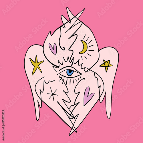 Bible cartoon pink accurate angel hand-drawn doodle psychedelic illustration with many eyes isolated clipart on white background. Perfect for tattoo or sticker or t shirt print and more. Be not afraid
