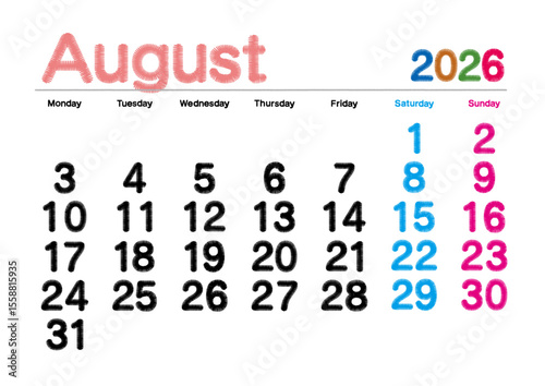 2026年8月の刺繍文字風カレンダー 月曜始まり 日本の祝日表記無し
