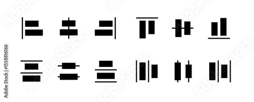 Alignment icon set for object positioning in vector graphic editor interface tool panel align sign.