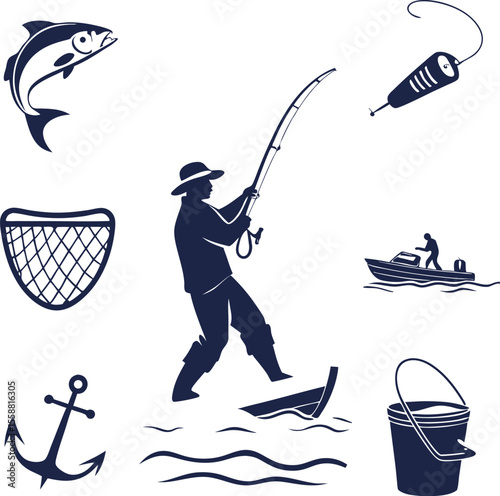Collection of fishing icons featuring fisherman boat fish net anchor and bucket