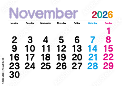 2026年11月の刺繍文字風カレンダー 月曜始まり 日本の祝日表記無し
