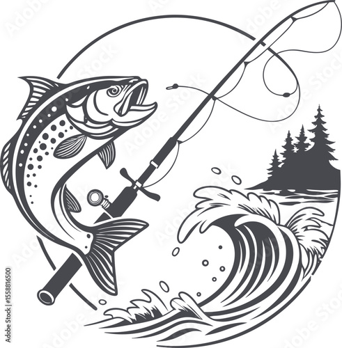 Dynamic illustration of a leaping trout and fishing rod in a circular design