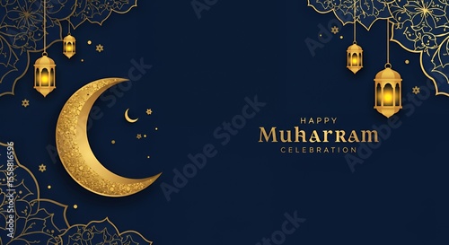 Elegant Golden Moon and Lanterns on Dark Blue Festive Background