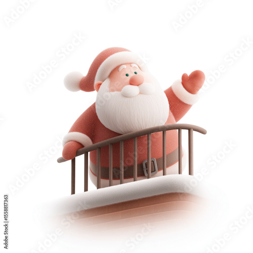 Santa Claus waving from rooftop in festive holiday scene  