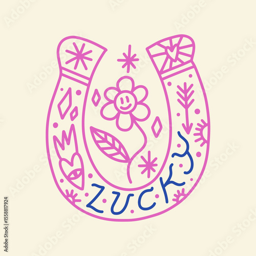 Cowgirl western art groovy boho hippie coquette aesthetic. Pink horseshoe with Lucky text lettering. Hand drawn line coloring art vector illustration clipart. Bohemian postmodern funky psychedelic