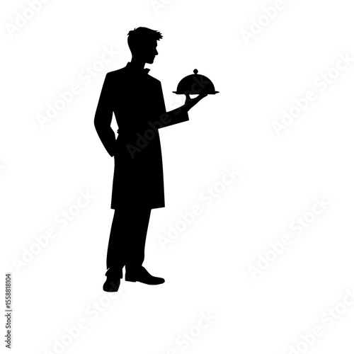 Silhouette of male waiter holding platter with covered dish  