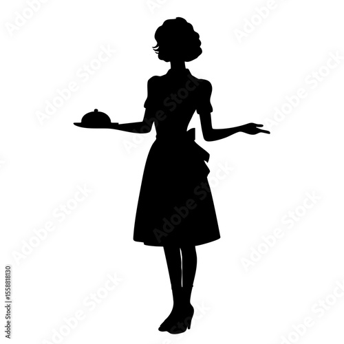 Silhouette of woman holding dish and gesturing in apron outfit  
