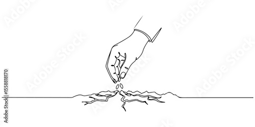 Continuous one line drawing of hands sowing seeds on broken ground, representing rebuilding and new hope, line art style vector illustration.