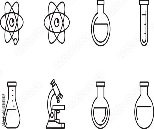 Illustration of science laboratory equipment including atom models flasks and a microscope icon set