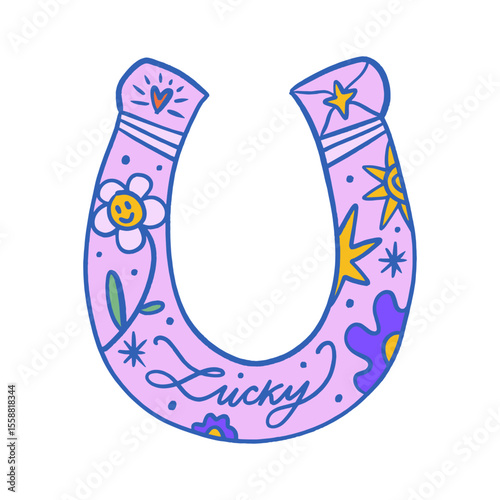 Cowgirl western art groovy boho hippie coquette aesthetic. Horseshoe with Lucky text lettering. Hand drawn line coloring art vector illustration clipart. Bohemian postmodern funky psychedelic style