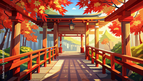 Close shot of the temple’s wooden balcony with red railings, surrounded by maple leaves. Sunlight filters through trees, casting dappled light onto the polished timber beams.

