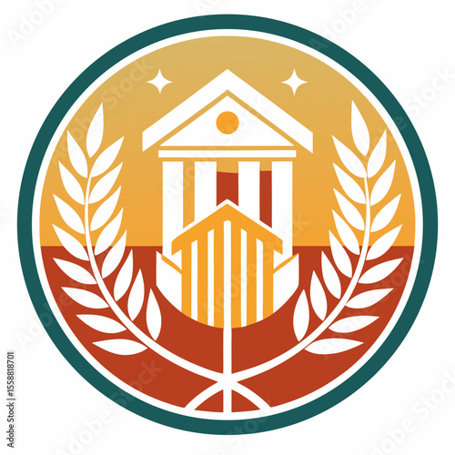 Circular design featuring wheat stalks framing a law house of justice symbolizing legal agriculture and fair judgment