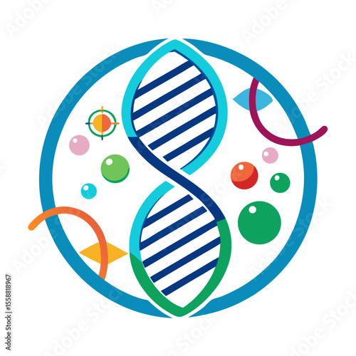 Circular DNA strand with a science themed logo design on a clean white background for various applications