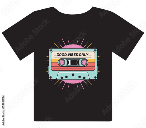 Retro Cassette Tape 'Good Vibes Only' T-Shirt Design with Sunburst" or "Vintage Audio Cassette and Radial Lines Graphic Tee