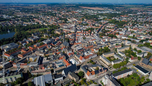 Aerial view of the old town of the city Zwickau on a sunny noon in summer in Germany.