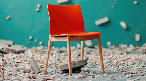 Overturned red chair lying amidst scattered debris and broken pieces indicating the chaotic aftermath of an angry outburst or incident in a minimalist contemporary interior setting