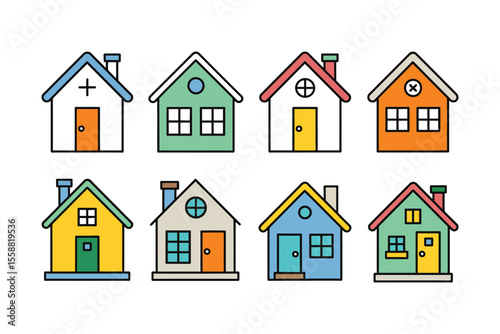 Set of 8 colorful house icons in flat style, including modern and traditional homes, perfect for web design, mobile apps, infographics, and creative digital projects

