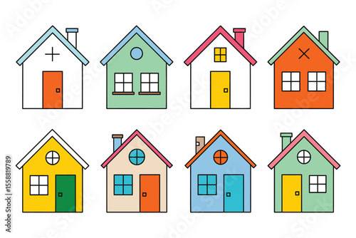 Set of 8 colorful house icons in flat style, including modern and traditional homes, perfect for web design, mobile apps, infographics, and creative digital projects

