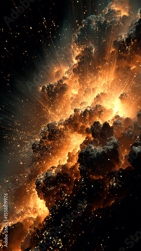 Exploding energy cloud with fire and sparks creating dramatic scene