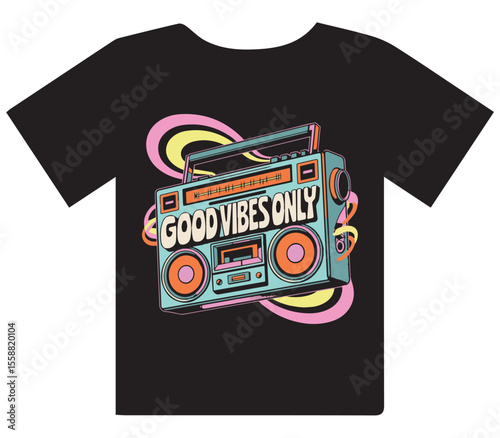 Retro Boombox 'Good Vibes Only' T-Shirt Design with Swirls" or "Vintage Ghetto Blaster with Abstract Background Graphic Tee