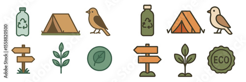 Nature symbols depicting eco-friendly camping activities and wildlife conservation in a stylized illustration