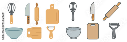 Culinary tools for baking and cooking displayed in a colorful arrangement on a bright background