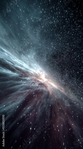 Spaceship traveling at warp speed through galaxy with nebulae