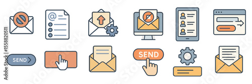 Icons representing email communication, document management, and digital interaction in a modern workspace setting