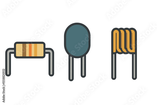 Different types of electronic components depicted with clear outlines and colors on a clean white background