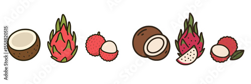 Colorful tropical fruits arranged neatly on a white background showcasing their unique shapes and textures