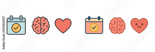 Calendar icons with brain and heart symbols representing mental health and emotional well-being in daily planning