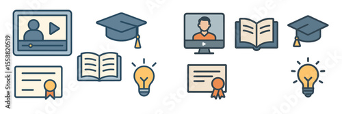 Online learning tools with graduation caps, certificates, and light bulbs illustrating educational concepts and achievements