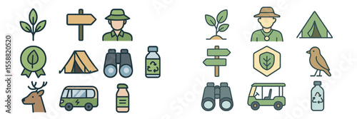 Nature conservation symbols and activities featured in colorful icons illustrating outdoor camping and wildlife exploration