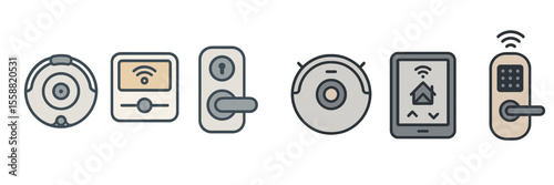 Home automation devices including smart lock, robot vacuum, and touchscreen control panel in a modern digital setup