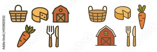 Farm produce and utensils arranged aesthetically with cheese, carrots, and baskets in a rustic design