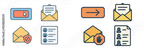 Email communication icons illustrating various actions and messages related to sending, receiving, and filtering emails