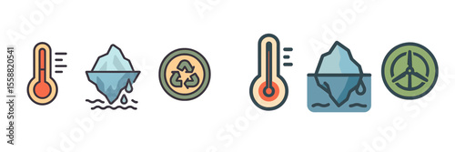 Climate change and sustainable practices illustrated through icons representing temperature, ice melt, recycling, and renewable energy