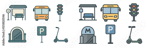 Public transportation icons representing various modes of urban transit in a simplified design