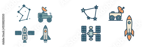 Space exploration concepts featuring rockets, satellites, and constellations in a digital design