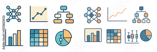 Visual representation of data analytics tools and graphs illustrating business intelligence concepts and statistics techniques
