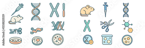 Scientific illustration depicting genetic research tools, laboratory animals, and molecular biology elements in a colorful design
