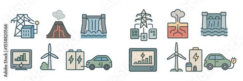 Various energy sources and systems illustrated to showcase renewable and non-renewable options for power generation