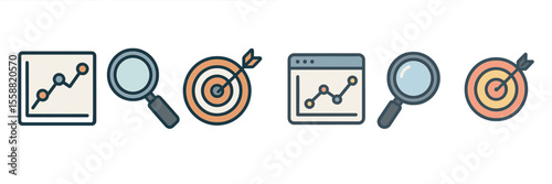 Collection of icons representing data analysis, target metrics, and search research for performance optimization
