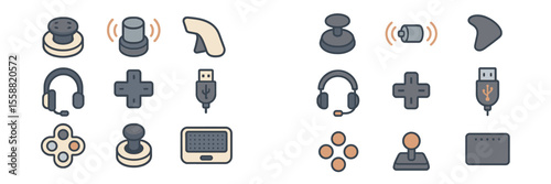 Collection of gaming and audio accessories laid out on a flat surface with various buttons and input devices arranged neatly