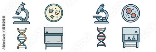 Laboratory tools and symbols represent scientific research and microbiology concepts in a modern illustration