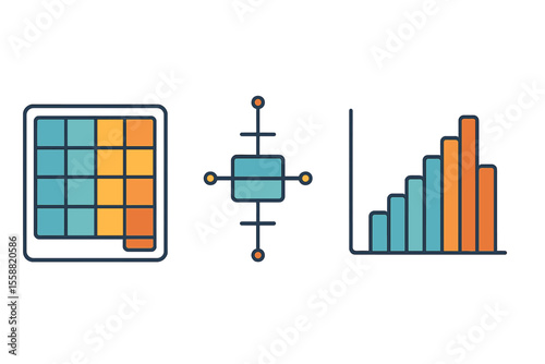 Visual representation of data analysis tools featuring grids, charts, and bars used for statistical interpretation