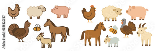 Farm animals illustrated in a charming and simple style showcasing various creatures in a playful arrangement